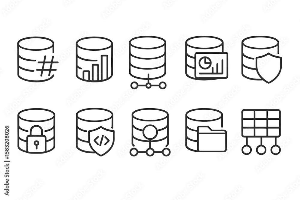 Poster database, security linear icon set. data protection, storage icons in line style