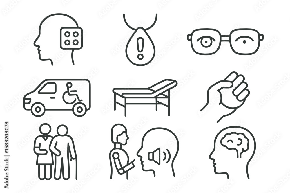 Poster accessibility and disability icon set. symbols and tools outline collection