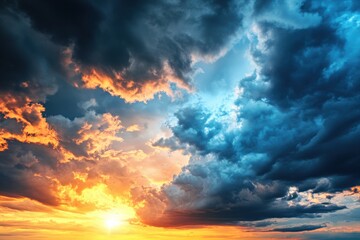 Fototapeta premium Vibrant sunset over the horizon with colorful clouds reflecting evening light