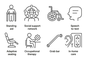 Fototapeta premium Healthcare and accessibility line icon set. adaptive aids, support, therapy outline icons