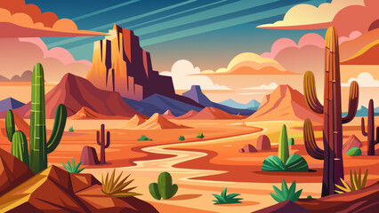 Vector art of desert scenery with towering cacti and layered mountains at dusk