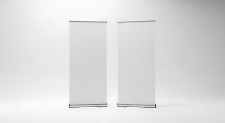 Two blank white roll up banner stands against a neutral background backdrop