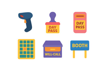 Colorful ticket and access pass icons with neon glow