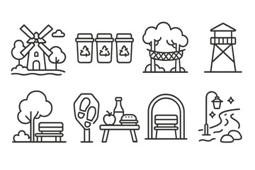 Park and recreation linear icon set. nature, leisure outdoor elements collection