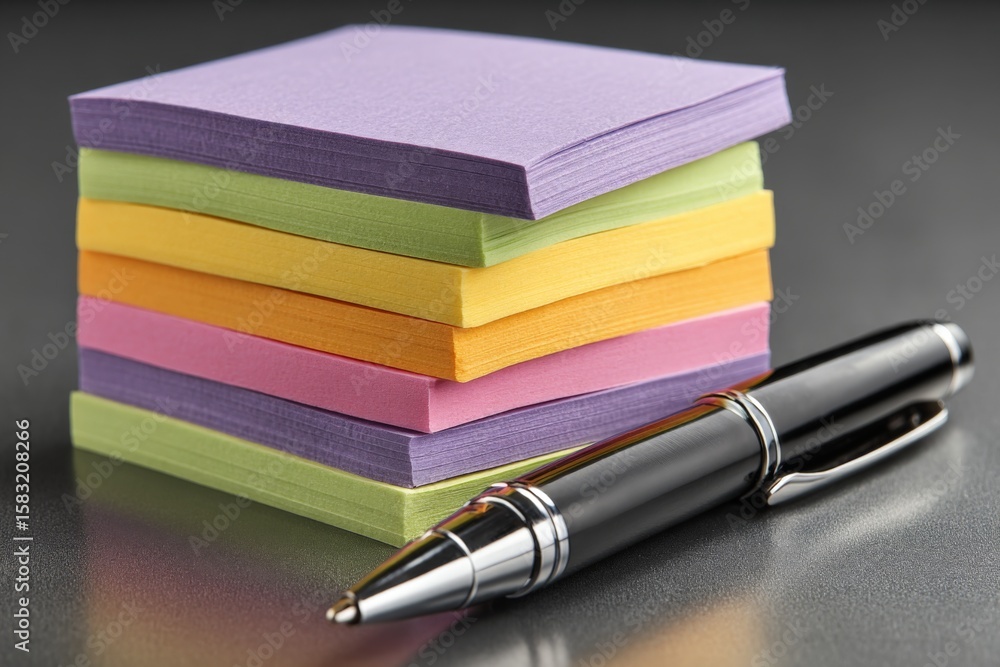 Poster colorful sticky notes and a sleek pen arranged on a dark surface creating an appealing workspace set