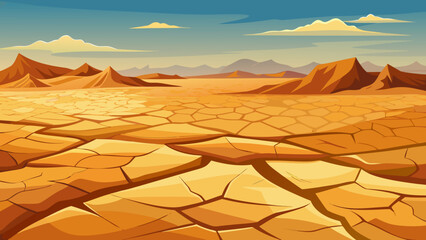 Vector art of cracked desert earth stretches towards distant mountains under a blue sky
