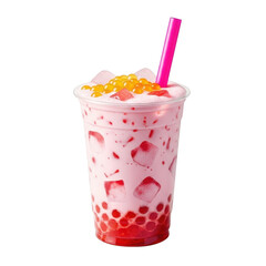 Photo of a refreshing pink strawberry bubble tea with tapioca pearls and ice, served in a clear plastic cup with a bright pink straw, isolated on a transparent background