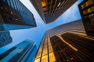 Modern skyscrapers in city financial district with glass reflections, business buildings skyline view.