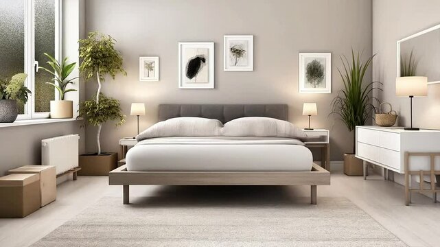 A timelapse shows a bedroom being furnished and decorated from empty to complete. Static camera. 4K.
