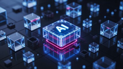 Ai technology concept with glowing cube and data blocks on circuit board, symbolizing innovation and tech.