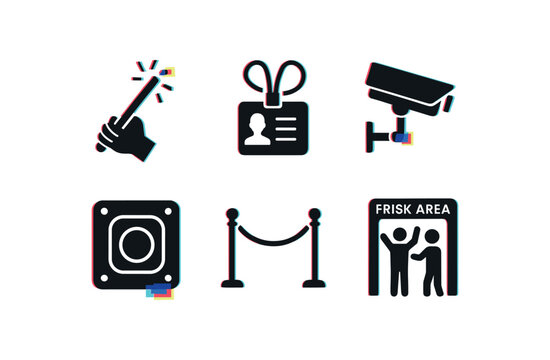Security symbols: camera, id badge, wand, magnet, barrier, frisking area