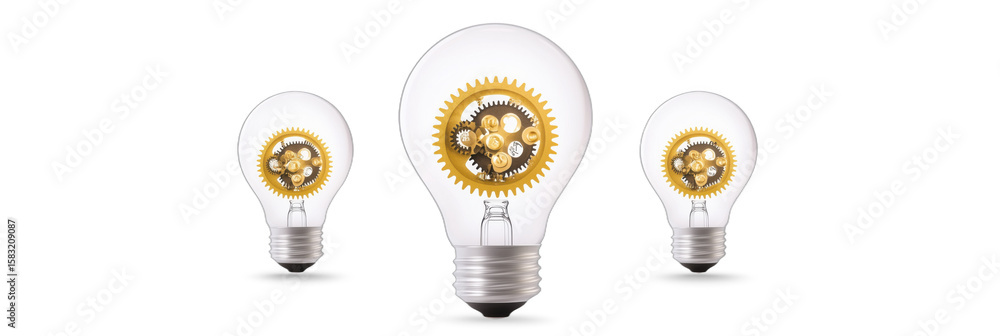 Poster light bulbs with gears symbolizing innovation and creativity in technology, isolated on transparent 