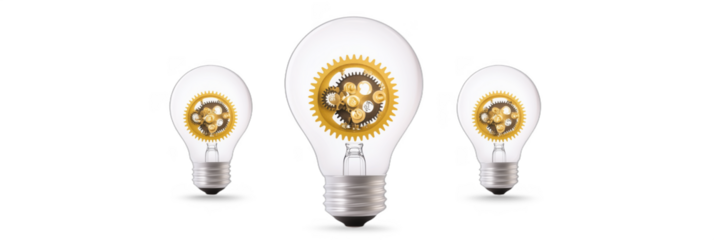 Light bulbs with gears symbolizing innovation and creativity in technology, isolated on transparent background