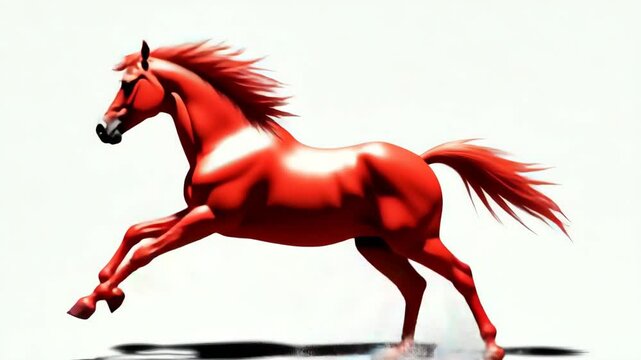 Red horse running dynamically on white background, stylized artistic effect. 4K video