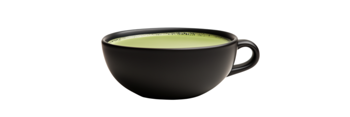Matcha green tea in elegant black cup on white background for minimalist aesthetic, isolated on transparent background