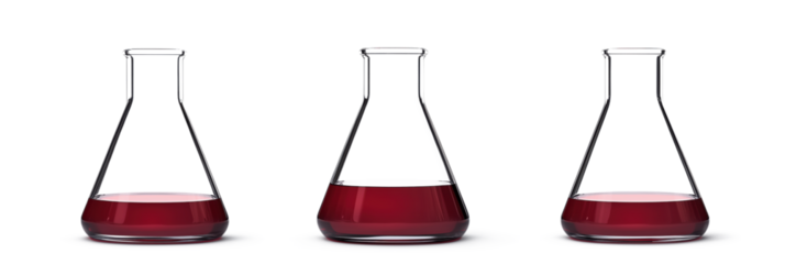 Laboratory glassware with red liquid in three flasks for scientific experiments, isolated on transparent background