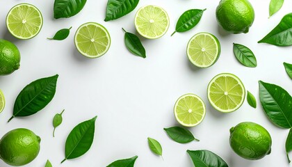 Fresh green limes and leaves on white background, top view flat lay
