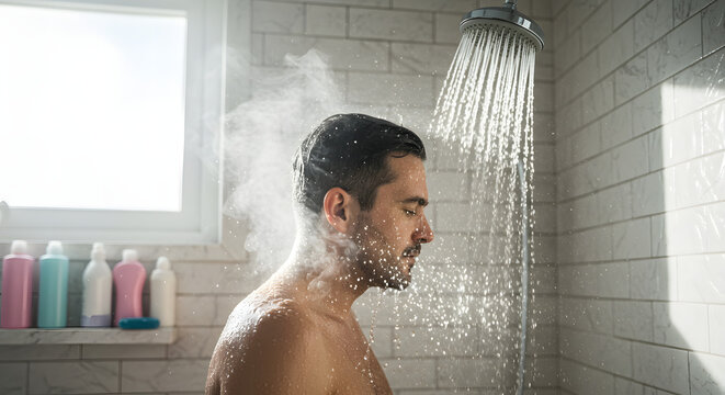 Man enjoying a refreshing shower in a modern bathroom with steam