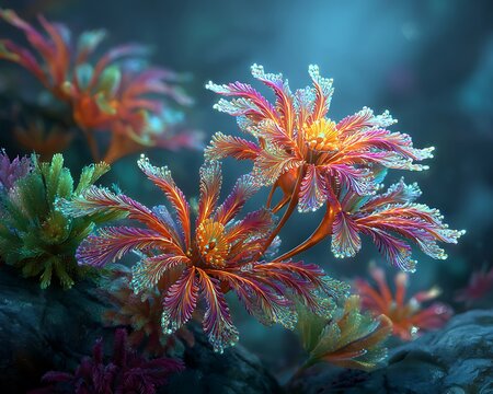 Shimmering alien plants pulsing in colorful Precambrian underwater world