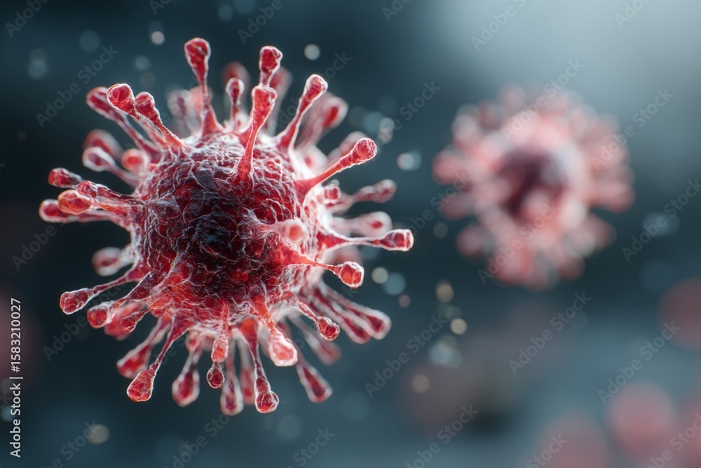 Poster close-up view of a virus structure under microscope with intricate details highlighting its features