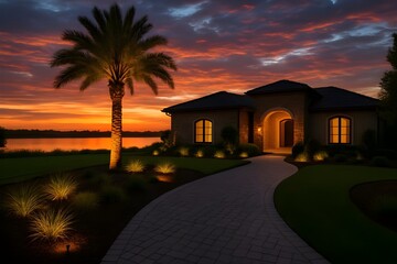 Elegant estate driveway palm tree sunset dusk