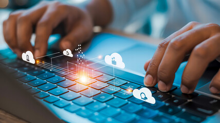 Typing hands with digital cloud network hands typing