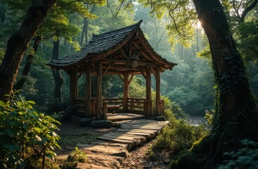 A charming gazebo made of driftwood in a dense forest thicket. Generative AI
