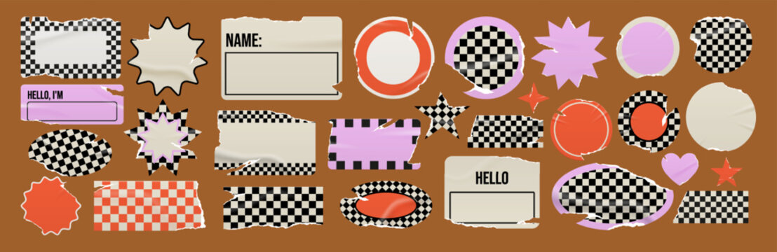Torn paper name tags and wrinkled checkerboard stickers in grunge scrapbook retro school label style. Vintage distressed blank elements for collage, creative templates, graphics.