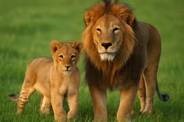 Obraz premium Graceful male lion stands with his cub in the vibrant green grassland, offering a captivating portrait of wildlife and nature.