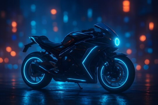 Futuristic motorcycle with blue neon accents glowing