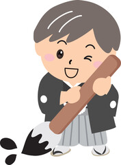 羽織袴姿の男の子が書初めする新年のイラスト