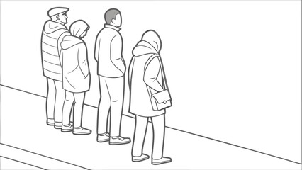 Line drawing of four people standing next to each other looking at a blank wall in monochrome style