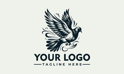 Artistic rendering of a dove in flight, wings spread, surrounded by decorative swirls.