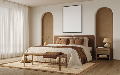 Minimalist Cozy Bedroom with Framed Art, Arched Niches and Soft Natural Light