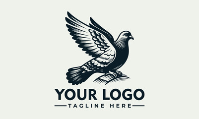 A stylized logo featuring a pigeon in flight, with wings outstretched, set against a neutral background.