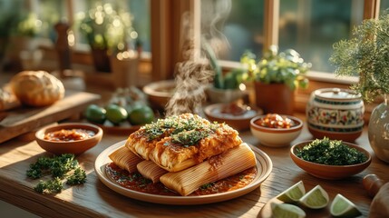 ChatGPT сказал:
Steaming tamales served on a rustic wooden table, surrounded by fresh cilantro, lime wedges, and colorful salsa in ceramic dishes. Concept for authentic Mexican cuisine and cozy kitche
