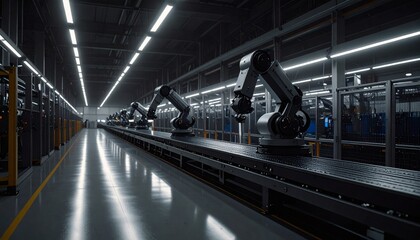 Automated robotic assembly line in a modern, brightly lit factory.