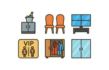 Icon set of bench, drying rack, chair, control panel, water cooler, chocolate bar