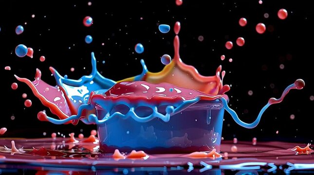 Chromatic Collision: A vibrant explosion of blue, pink, and yellow paint creates a dynamic, abstract masterpiece, capturing the energy and beauty of color in motion.