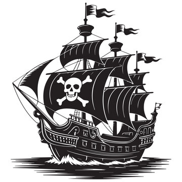 Majestic black silhouette of a pirate ship with full sails and a jolly roger flag sailing on choppy seas