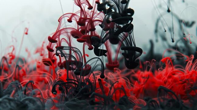 Red and Black Ink Fusion: An abstract art piece showcasing the dynamic dance of red and black ink as they meld and swirl in water. It is a symphony of color and form, evoking a sense of fluid art.