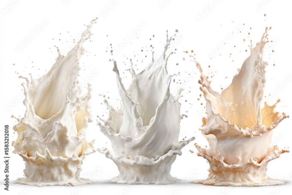 Poster milk splashes create artistic patterns in white and cream against a simple background during dayligh