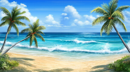tropical beach with palm trees summer background with copyspace