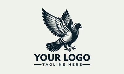 A stylized monochrome pigeon in flight, forming a logo design with space for a tagline.