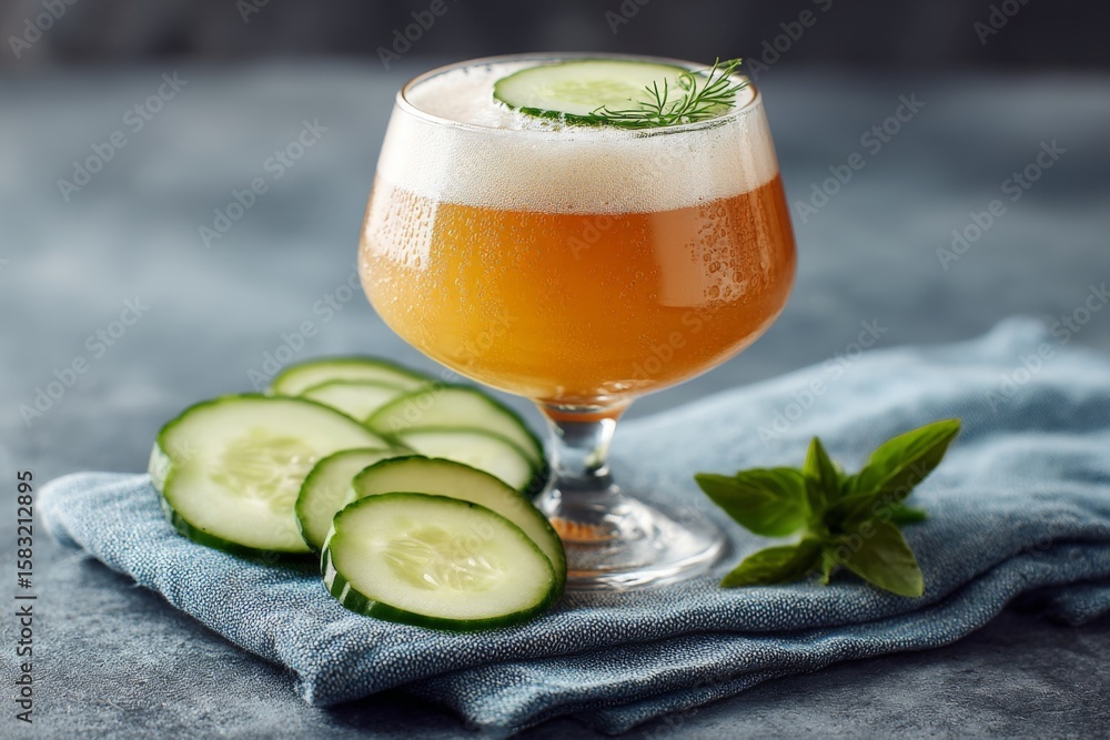 Poster refreshing cucumber cocktail served in a glass on a textured table with cucumber slices and green he