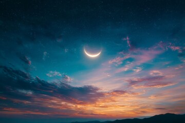 Crescent moon illuminates vibrant sunset sky over distant mountains during twilight