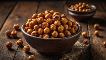 Roasted Chickpeas in Bowl on Wooden Background
