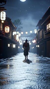 Figure Walks Blue Lit Wet Street Lined with Japanese Buildings and Lanterns under Moon in Anime Style