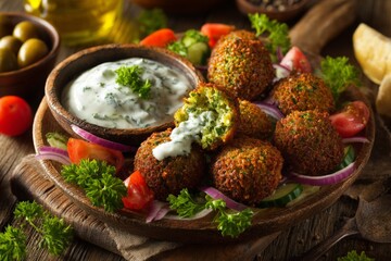 Delicious falafel dish served with fresh salad and creamy sauce in a rustic setting