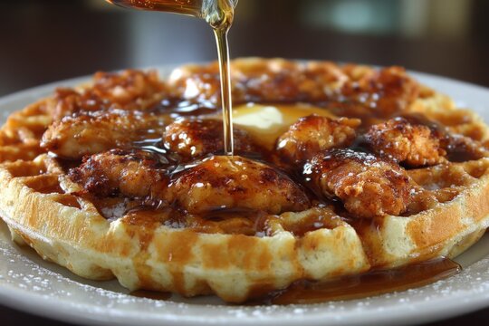 Fried chicken and waffles drizzled with syrup served on a plate at a cozy breakfast spot